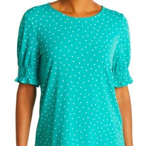 Aqua Polka Dot Puff Sleeve Moss Crepe Top